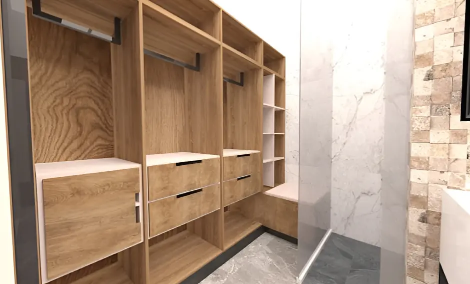 Closet de lujo en Bogotá, con acabados en madera de alta calidad y diseño personalizado, creando un ambiente elegante y funcional.